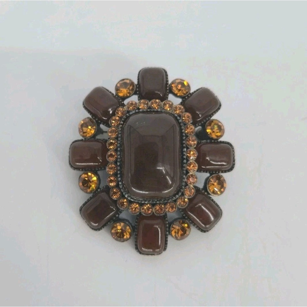 Czech Glass Amber Cognac Brown Rhinestone Domed Brooch Pin Cabochon 33g Vintage